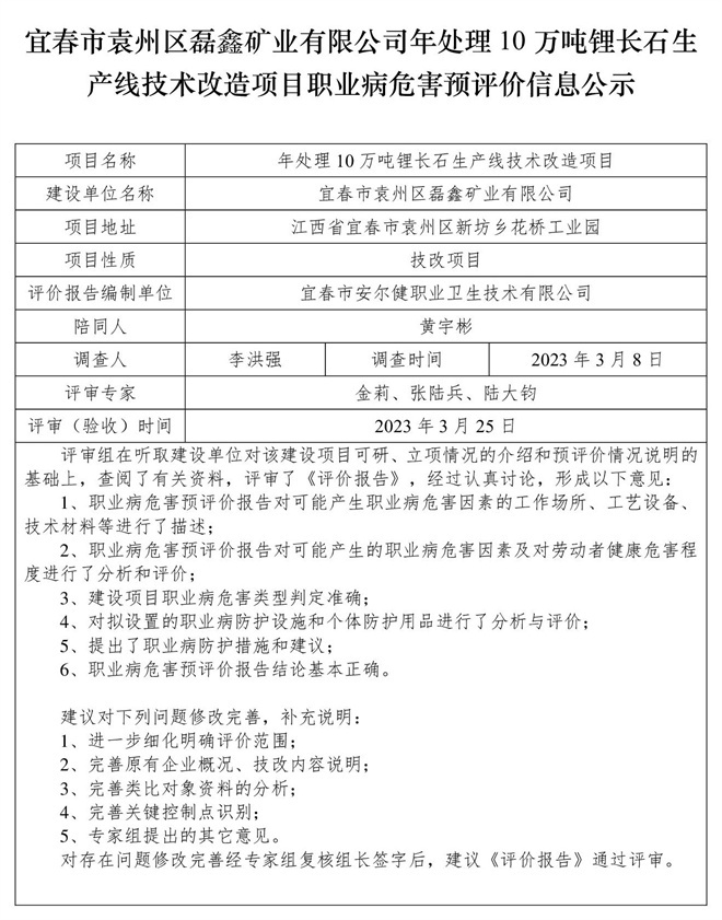 宜春市袁州區(qū)磊鑫礦業(yè)有限公司-年處理10萬噸鋰長石生產(chǎn)線技術(shù)改造項(xiàng)目-  職業(yè)病危害預(yù)評價信息公示(1).jpg