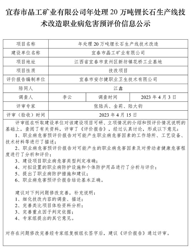 1683514078952743.jpg 宜春市晶工礦業(yè)有限公司年處理20萬(wàn)噸鋰長(zhǎng)石生產(chǎn)線技術(shù)改造職業(yè)病危害預(yù)評(píng)價(jià)信息公示.jpg